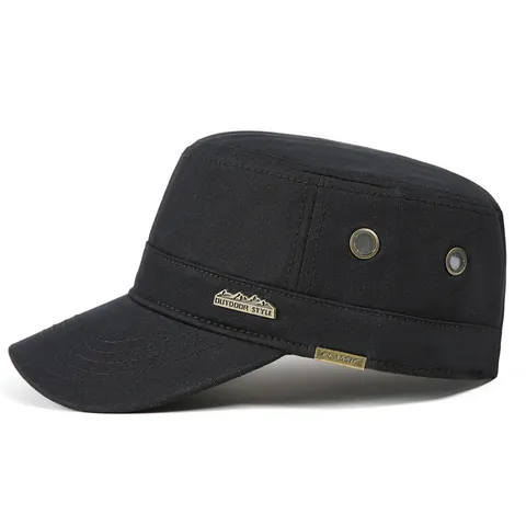 Men Cotton Flat Top Cap Cadet Hat Adjustable Outdoor Sun Hat Breathable Military Style Casual Fishing Hiking Hat Metal Badge