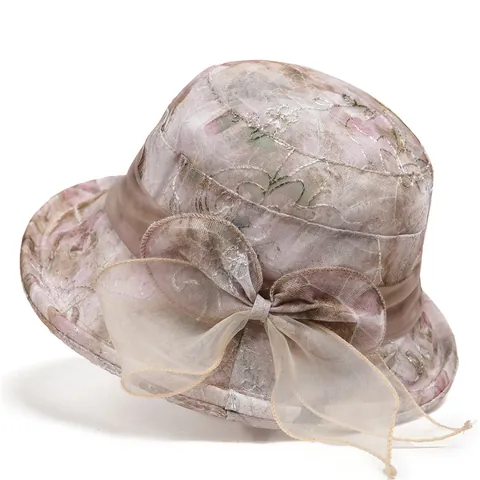 Chapeau Bob Élégant pour Femmes avec Broderie Florale et Grand Nœud Chapeau de Soleil en Organza pour Dames Vintage Été Plage