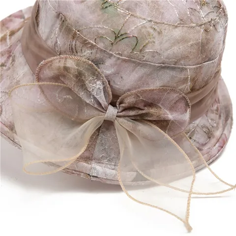 Chapeau Bob Élégant pour Femmes avec Broderie Florale et Grand Nœud Chapeau de Soleil en Organza pour Dames Vintage Été Plage