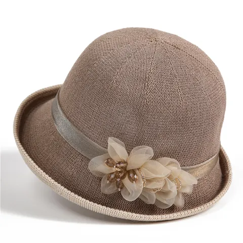 Damen Elegant Baumwollmischung Gestrickt Anglerhut Netzblume Band Atmungsaktiv Sonnenschutz Strandhut Mode Accessoires