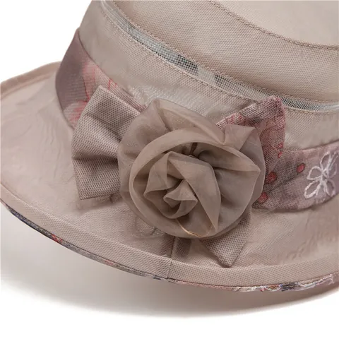 Dames Elegante Organza Zonnehoed Bloem Strik Brede Rand Ademend Opvouwbaar Vissershoed Voor Bruiloft Feest Outdoor Accessoire