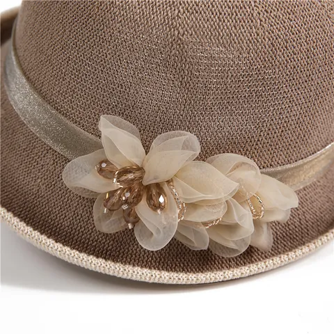 Damen Elegant Baumwollmischung Gestrickt Anglerhut Netzblume Band Atmungsaktiv Sonnenschutz Strandhut Mode Accessoires