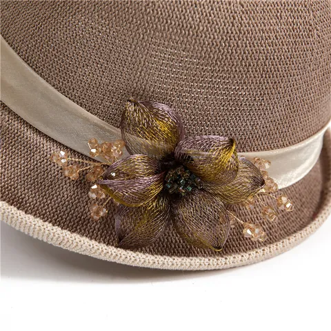 Women Elegant Knitted Bucket Hat With Handmade Flower Satin Ribbon Sun Protection Breathable Fisherman Cap Outdoor Travel Ladies Sun Hat