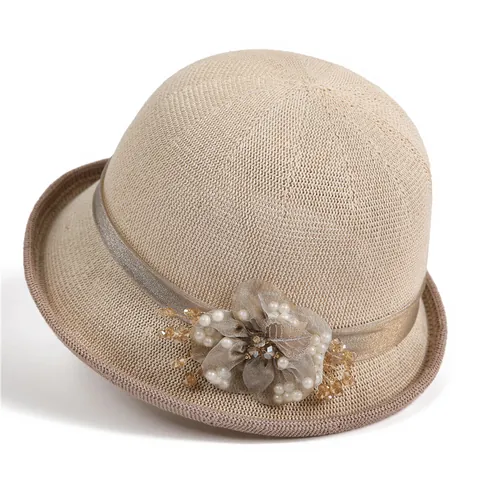 Eleganter Damen Strickglockenhut Mit Netzblume Künstliche Perle Sonnenschutz Atmungsaktiv Sommer Strand Fischerhut Breite Krempe Sonnenhut