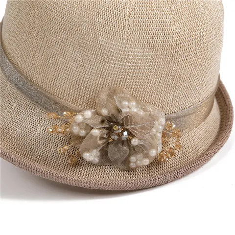 Eleganter Damen Strickglockenhut Mit Netzblume Künstliche Perle Sonnenschutz Atmungsaktiv Sommer Strand Fischerhut Breite Krempe Sonnenhut