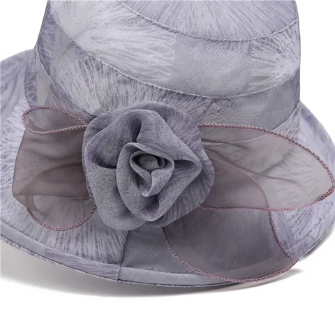 Women's Elegant Sun Hat Foldable Polyester Bucket Hat With Organza Flower Bow Decoration For Summer Travel Beach Sun Protection Fashion Wide Brim Mother Gift