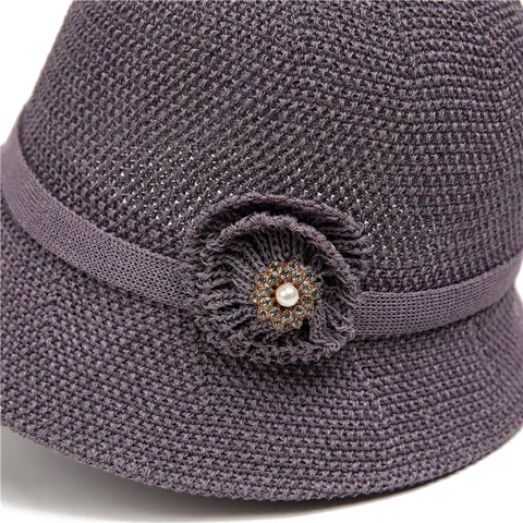 Women's Summer Breathable Cotton Linen Bucket Hat Elegant Floral Cloche Hat With Faux Artificial Pearl Rhinestone Sun Protection Fisherman Hat