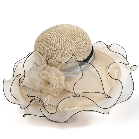 Women Elegant Organza Flower Sun Hat Wide Brim Foldable Breathable Summer Beach Wedding Party Church Dress Hat For Ladies