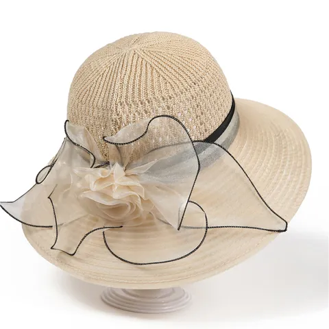 Women Elegant Wide Brim Sun Hat With Large Organza Flower Foldable UV Protection Summer Beach Bucket Hat For Ladies Mother