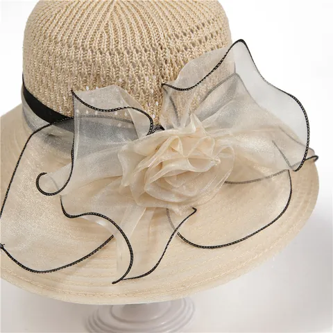 Women Elegant Wide Brim Sun Hat With Large Organza Flower Foldable UV Protection Summer Beach Bucket Hat For Ladies Mother