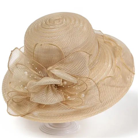 Women Elegant Organza Wide Brim Sun Hat With Large Mesh Flower Faux Artificial Pearl Kentucky Derby Wedding Party Beach Sun Hat