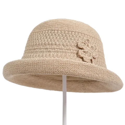 Elegant Women Knitted Cotton Linen Flower Bucket Hat Sun Protection Foldable Cloche Hat For Summer Beach Travel Outdoor Vacation