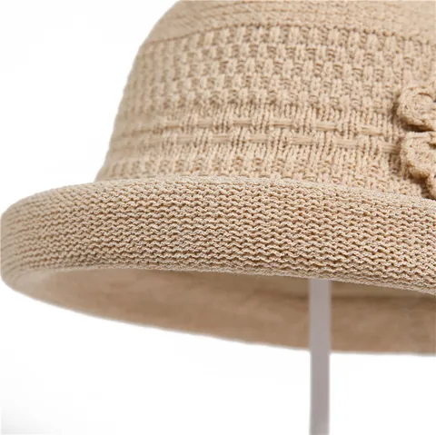 Elegant Women Knitted Cotton Linen Flower Bucket Hat Sun Protection Foldable Cloche Hat For Summer Beach Travel Outdoor Vacation