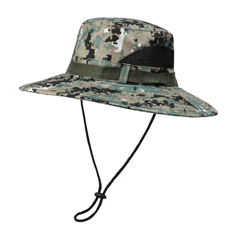 Cappello da Pescatore Mimetico da Uomo Protezione Solare Traspirante Tesa Larga Pesca Escursionismo Boonie Con Corda Regolabile