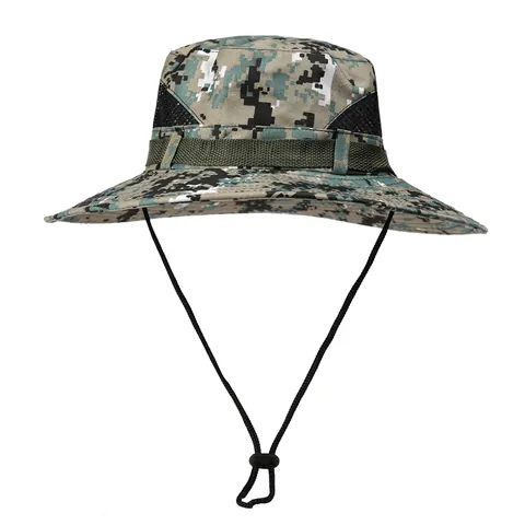 Cappello da Pescatore Mimetico da Uomo Protezione Solare Traspirante Tesa Larga Pesca Escursionismo Boonie Con Corda Regolabile