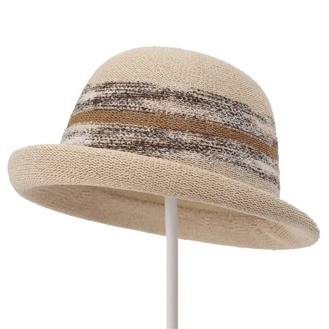 French Style Knitted Bucket Hat For Women Elegant Striped Sun Protection Cloche Hat Breathable Foldable Summer Beach Hat