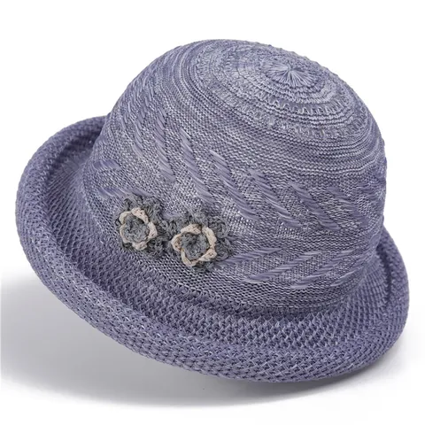 Women Summer Breathable Knitted Bucket Hat Flower Decor Wide Brim Sun Protection Foldable Sunshade Hat For Outdoor Travel