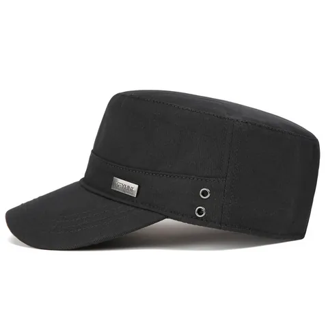 Men Casual Cotton Blend Flat Top Cadet Hat Solid Color Military Style Cap With Metal Label Outdoor Sunshade Hat For Adults