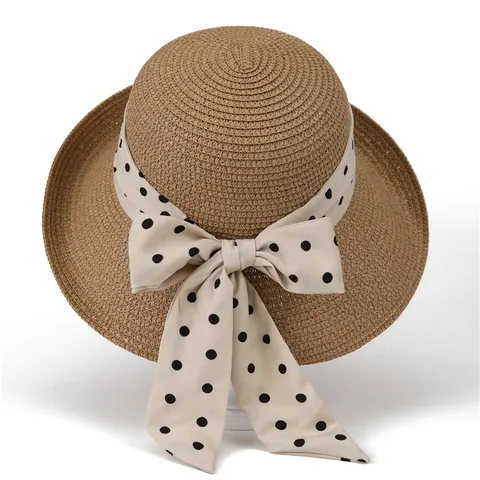 French Style Straw Sun Hat Elegant Bow Polka Dot Ribbon Wide Brim Summer Beach Hat For Women Foldable Breathable Travel Cap