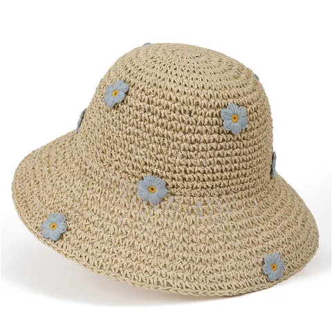 Women Wide Brim Paper Straw Sun Hat Foldable Embroidered Flower Beach Hat Summer Vacation Breathable Sunshade Straw Hat