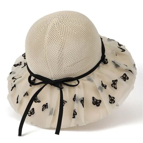 Women's Wide Brim Sun Hat Butterfly Print Organza Mesh Bucket Hat UV Protection Breathable Summer Fisherman Hat For Beach