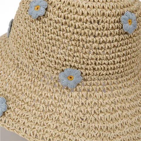 Women Wide Brim Paper Straw Sun Hat Foldable Embroidered Flower Beach Hat Summer Vacation Breathable Sunshade Straw Hat