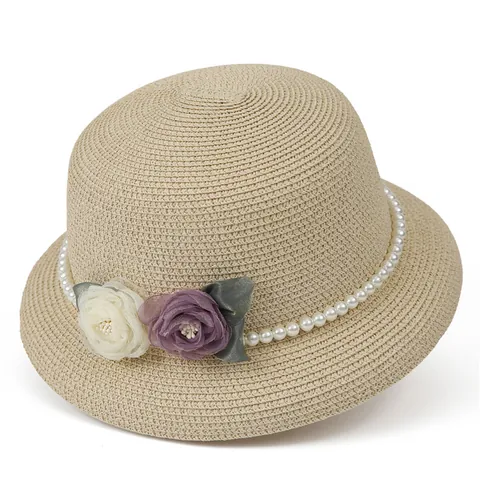 Franse Retro Dames Strohoed Elegante Kunstparel Bloem Decor Brede Rand Zonnehoed Zomer UV Bescherming Strand Vissershoed