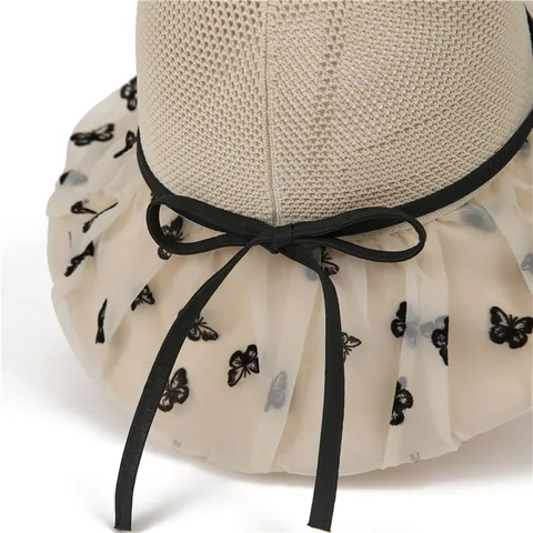Women's Wide Brim Sun Hat Butterfly Print Organza Mesh Bucket Hat UV Protection Breathable Summer Fisherman Hat For Beach