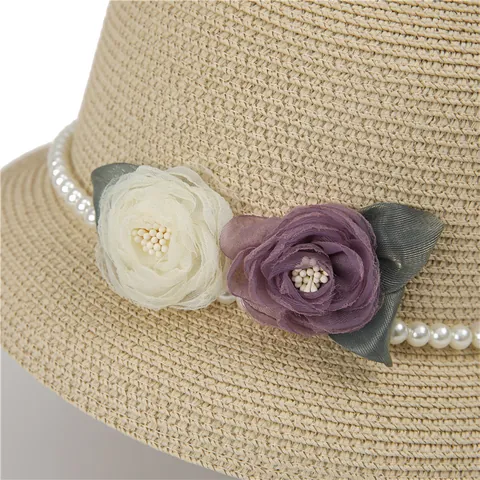 Franse Retro Dames Strohoed Elegante Kunstparel Bloem Decor Brede Rand Zonnehoed Zomer UV Bescherming Strand Vissershoed