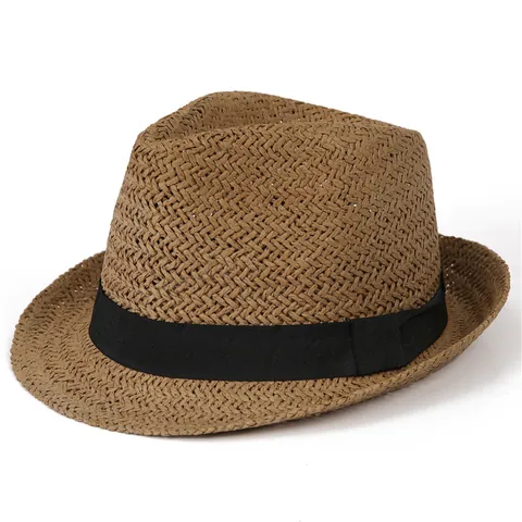 Retro Stro Fedora Hoed Mannen Vrouwen Kinderen Ademend Zonbescherming Gevlochten Jazz Hoed Met Zwart Lint Ouder Kind Pet
