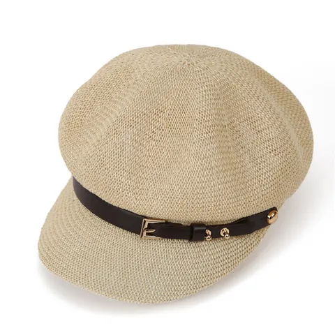 Damen Sommer Hohl Stroh Newsboy Mütze Atmungsaktiv Sonnenschutz Achteckiger Hut Britischer Stil Baker Boy Hut Mit Lederriemen