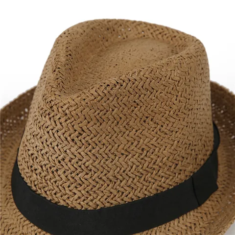 Retro Stro Fedora Hoed Mannen Vrouwen Kinderen Ademend Zonbescherming Gevlochten Jazz Hoed Met Zwart Lint Ouder Kind Pet