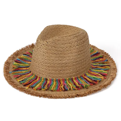 Women's Ethnic Rainbow Tassel Straw Hat Large Brim Sun Protection Beach Fedora Vacation Breathable Woven Summer Hat