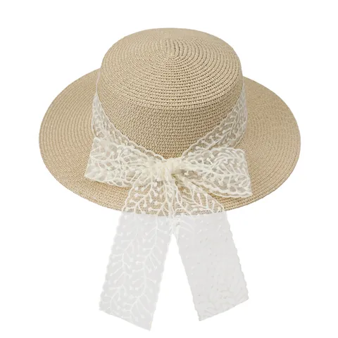 Damen Eleganter Papierstroh Boater Hut Mit Großer Spitzenschleife Sonnenschutz Breite Krempe Sommer Strand Urlaub Sonnenhut