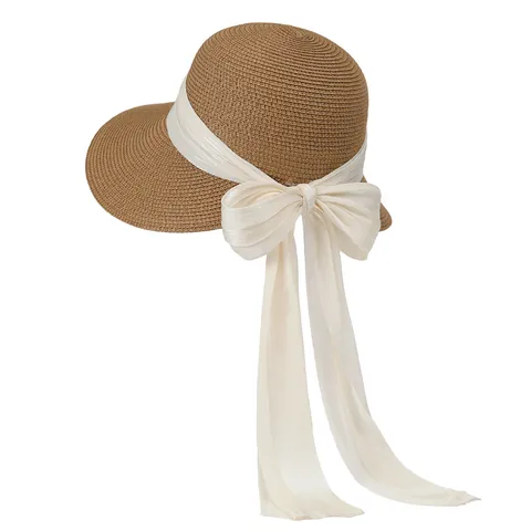 Women's French Style Paper Straw Sun Hat With Large Satin Bow Foldable Wide Brim Summer Beach Sun Protection Panama Hat