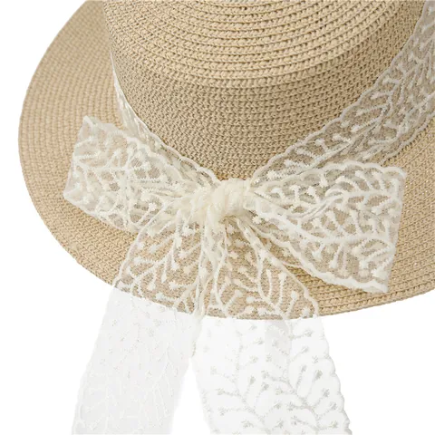 Damen Eleganter Papierstroh Boater Hut Mit Großer Spitzenschleife Sonnenschutz Breite Krempe Sommer Strand Urlaub Sonnenhut