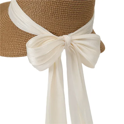 Women's French Style Paper Straw Sun Hat With Large Satin Bow Foldable Wide Brim Summer Beach Sun Protection Panama Hat