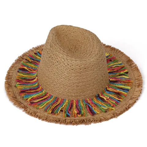 Women's Ethnic Rainbow Tassel Straw Hat Large Brim Sun Protection Beach Fedora Vacation Breathable Woven Summer Hat