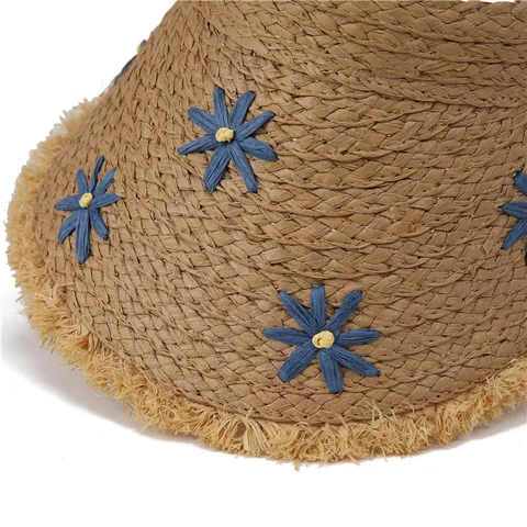 Women Summer Straw Woven Visor Hat Daisy Floral Large Brim Sun Hat Topless Beach Vacation Cap With Fringe Edge
