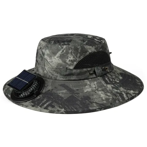 Solar Powered Fan Hat Outdoor Sun Protection Waterproof Camouflage Boonie Hat Wide Brim Cooling Cap For Fishing Climbing Men