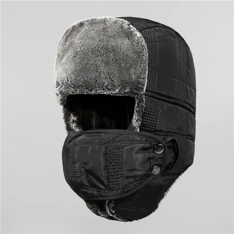 Winter Warm Trapper Hat For Men Women Quilted Windproof Faux Fur Lining Ushanka Hat With Detachable Face Mask Ear Flaps Snow Ski Cap