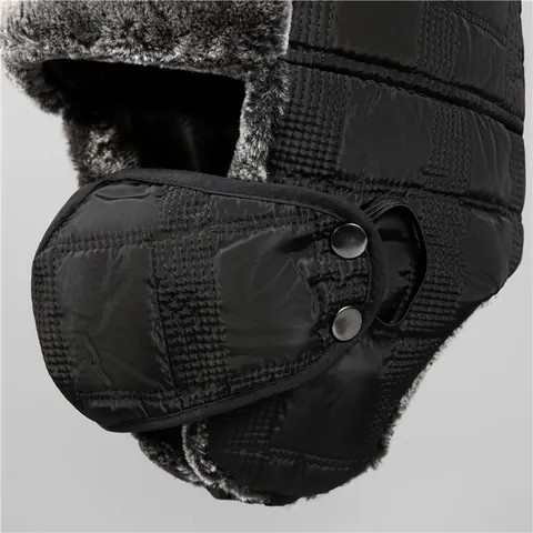 Winter Warm Trapper Hat For Men Women Quilted Windproof Faux Fur Lining Ushanka Hat With Detachable Face Mask Ear Flaps Snow Ski Cap