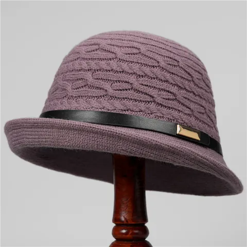 French Vintage Cable Knit Cloche Hat For Women With Leather Band Metal Buckle Warm Autumn Winter Hepburn Style Bucket Hat