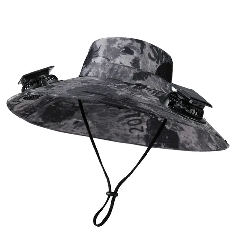 Solar Powered Dual Fan Sun Hat Outdoor UV Protection Wide Brim Cooling Fishing Hiking Camouflage Bucket Hat For Men