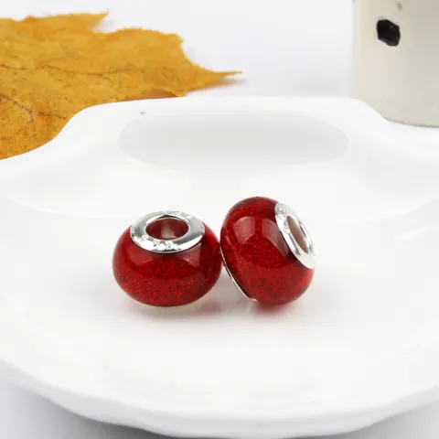 Red Glitter Lampwork Glass Charms With 925 Sterling Silver Core Large Hole Beads For DIY Bracelet Jewelry Making Women Accessory