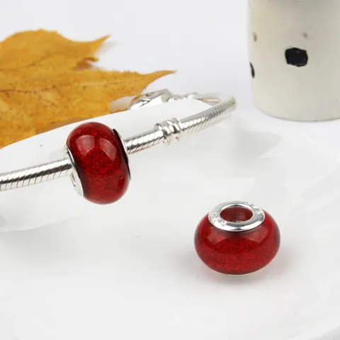 Red Glitter Lampwork Glass Charms With 925 Sterling Silver Core Large Hole Beads For DIY Bracelet Jewelry Making Women Accessory
