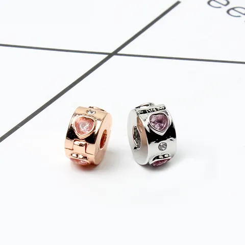 DIY Alloy Heart Rhinestone Clip Charms For Women Snake Chain Bracelet Jewelry Making Pink Stone Bead Gold Silver Plated