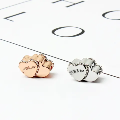 Doppelherz Anhänger Legierung Strass Perlen Graviert You And Me Muster DIY Armband Zubehör Für Damen Schmuck Geschenk