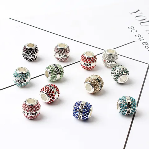 Cuenta de Amuleto de Aleación con Nombre del Mes Piedra de Nacimiento para Pulsera DIY Estilo Europeo Cristal Estrás Joyería Mujer