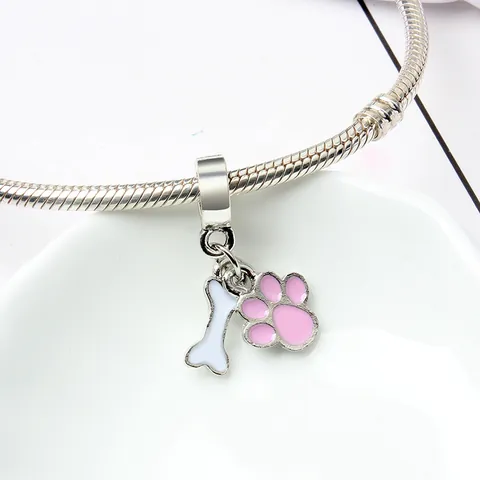 Ciondolo Doppio Charm con Impronta di Zampa e Osso in Lega Smaltata Perle a Foro Largo per Fai da Te Bracciale Gioielli Donna